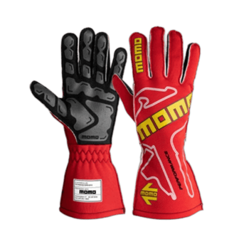 Red and black Momo racing gloves designed for motorsport, featuring grip-enhancing palms and flexible fingers for optimal control.
