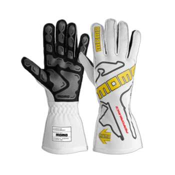 Momo racing gloves designed for motorsport, featuring black and white colours with yellow branding and protective padding for safety.