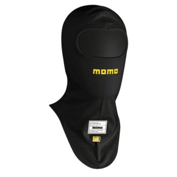 Black Momo racing balaclava with yellow logo, designed for motorsport safety and comfort.