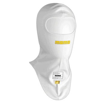White Momo racing balaclava with yellow logo, designed for motorsport safety and comfort, on a black background.