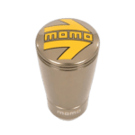 MOMO racing gear shifter knob with yellow and black logo on a metallic surface.