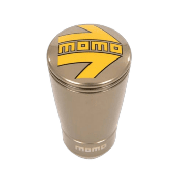 MOMO racing gear shifter knob with yellow and black logo on a metallic surface.