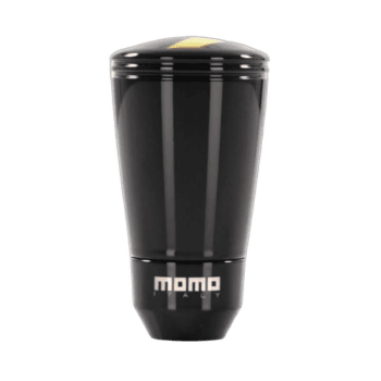 MOMO Italy branded gear shifter knob for racing cars, black with silver logo, designed for high-performance motorsport applications.