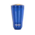 Blue Momo branded travel mug with yellow accents, designed for motorsport enthusiasts and racewear fans.
