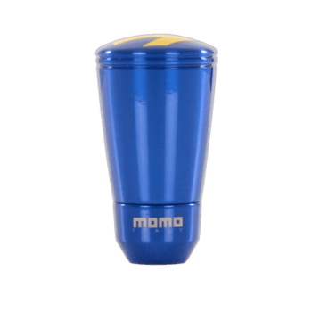 Blue Momo branded travel mug with yellow accents, designed for motorsport enthusiasts and racewear fans.
