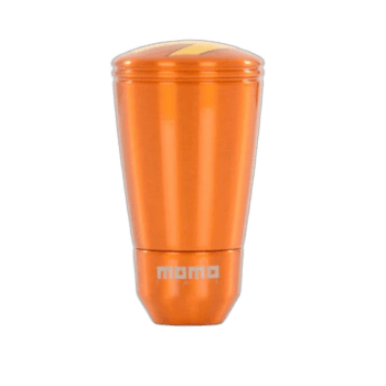 Orange Momo branded travel mug with a sleek design, ideal for motorsport enthusiasts and racewear fans.