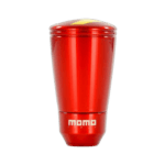 Red MOMO branded travel mug with yellow lid, designed for motorsport enthusiasts and racewear fans.