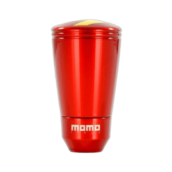 Red MOMO branded travel mug with yellow lid, designed for motorsport enthusiasts and racewear fans.