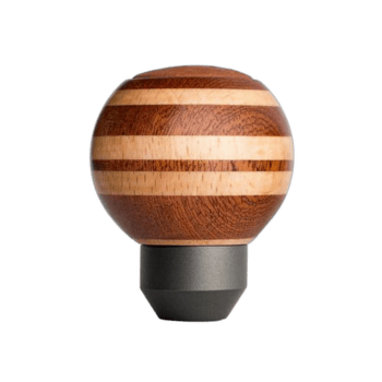 Wooden gear shift knob with striped design, suitable for racing cars and motorsport vehicles.