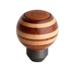 Wooden gear shift knob with striped design, used in racing cars for gear shifting.