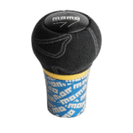 Boma gear shift knob with black top and blue and white patterned base, designed for racing cars.