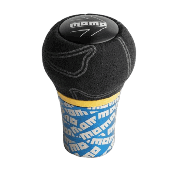 Boma gear shift knob with black top and blue and white patterned base, designed for racing cars.