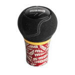 MOMO racing gear shift knob with black top and red and white patterned base, designed for motorsport enthusiasts.