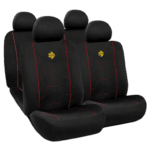Set of four black Grand Prix Racewear car seats with red stitching and headrest logos, designed for racing vehicles.