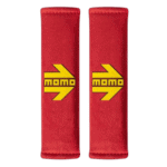 Red Momo racing arm sleeves with yellow logo, designed for motorsport protection and style.
