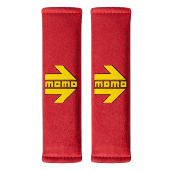 Red Momo racing arm sleeves with yellow logo, designed for motorsport protection and style.