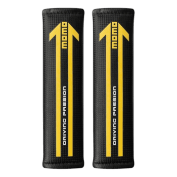 Pair of black racing safety harnesses with yellow arrow and 'Driving Passion' text for motorsport safety gear.