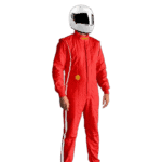 Race car driver in red racing suit and white helmet, ready for a race, representing Grand Prix Racewear.