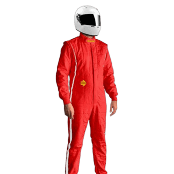 Race car driver in red racing suit and white helmet, ready for a race, representing Grand Prix Racewear.
