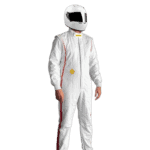 Race car driver in a white racing suit and helmet, standing against a black background, representing Grand Prix Racewear.