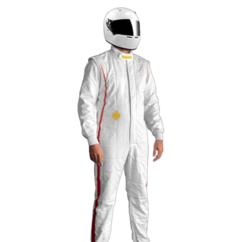 Race car driver in a white racing suit and helmet, standing against a black background, representing Grand Prix Racewear.