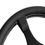 Close-up of a racing car steering wheel with black leather and white stitching, designed for high-performance motorsport driving.