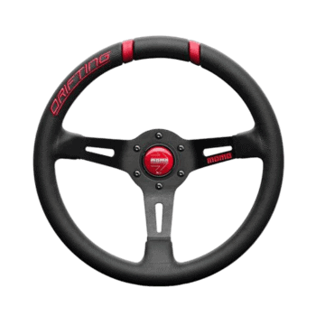 Grand Prix Racewear racing steering wheel with black and red design, featuring the 'Oriting' logo and ergonomic grip for motorsport enthusiasts.