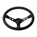 Black racing steering wheel with ergonomic grip and metal spokes, designed for motorsport use.