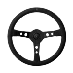 Black racing steering wheel with three-spoke design and central mounting hub for motorsport use.