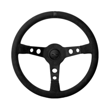 Black racing steering wheel with three-spoke design and central mounting hub for motorsport use.