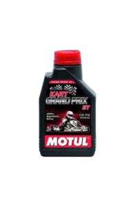 Motul Grand Prix racing motor oil bottle with racing kart image and FIA approval label.