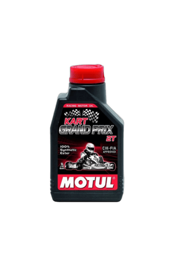 Motul Grand Prix racing motor oil bottle with racing kart image and FIA approval label.