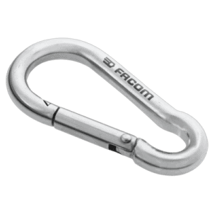 Facom stainless steel snap hook with secure latch for industrial and racing applications.