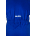 Close-up of blue racing suit with Sparco logo, designed for motorsport safety and performance.