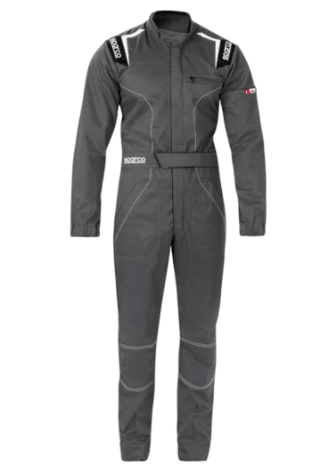 Grand Prix Racewear racing suit in grey with black and white accents, designed for motorsport safety and performance.
