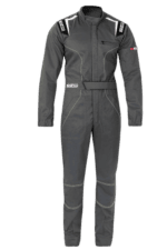 Grand Prix Racewear racing suit in grey with black and white accents, designed for motorsport safety and performance.