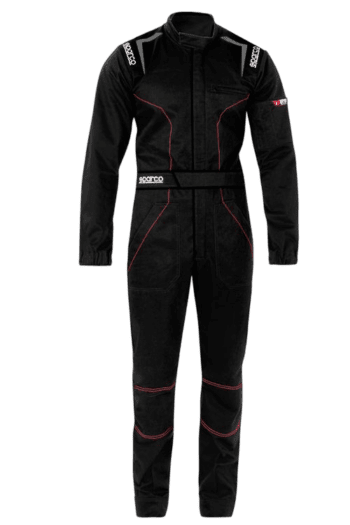 Grand Prix Racewear racing suit in black with red and white accents, designed for motorsport safety and performance.