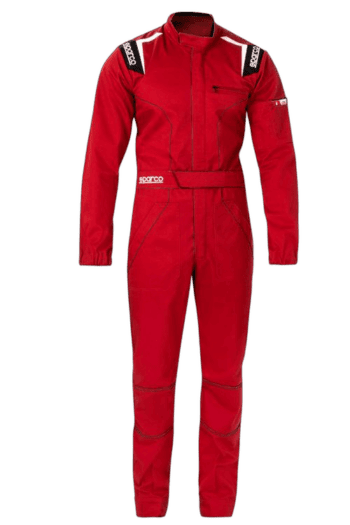 Red Grand Prix race suit with black and white accents, designed for professional motorsport drivers.