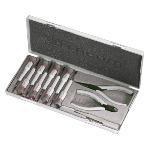 Facom Micro-Tech 11-tool set MT.J3 with precision screwdrivers and pliers in a protective case for professional use.