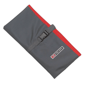Facom nylon roll bag with 10 compartments, grey with red trim, compact and portable for tool storage.