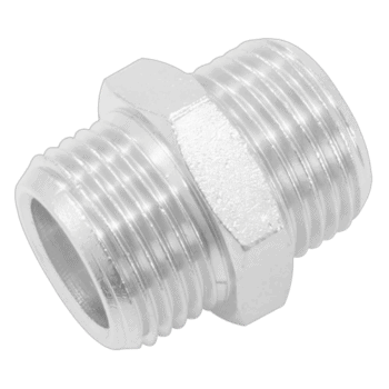 Close-up of a metal hose connection fitting with threaded ends for secure attachment, suitable for industrial or automotive use.