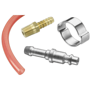 Assorted hydraulic fittings and a flexible hose segment for industrial use.