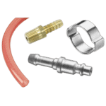 Assorted hydraulic fittings and a flexible hose segment for industrial use.
