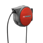 Facom air-hose reel N.709 with black hose and red cover, mounted on wall for industrial use.