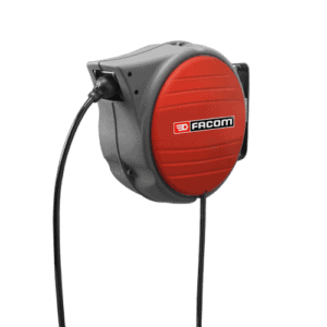 Facom air-hose reel N.709 with black hose and red cover, mounted on wall for industrial use.