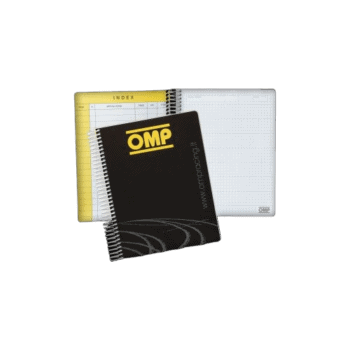 Collection of racing notebooks and planners from Grand Prix Racewear, featuring OMP branding and grid paper for race planning and notes.