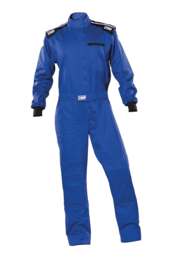 Grand Prix Racewear blue racing suit with OMP branding, designed for motorsport safety and performance.