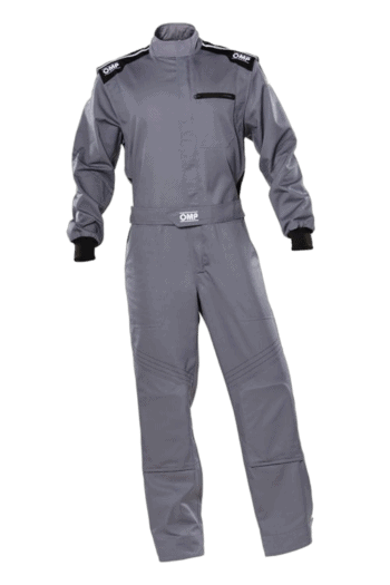 Grand Prix Racewear racing suit in grey with black accents, designed for motorsport safety and performance.