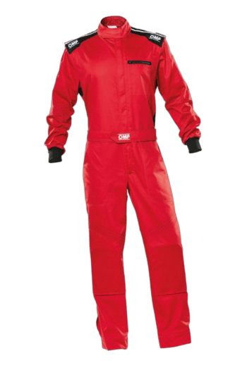 Red Grand Prix Racewear racing suit with OMP branding, designed for motorsport safety and performance.