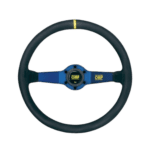 OMP racing steering wheel designed for motorsport, featuring a blue centre and black rim for high-performance racing applications.